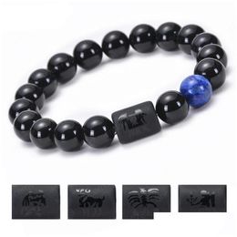 Beaded 12 Constellation Zodiac Signs Bracelets Natural Black Agate Stone Strands Elastic Rope Bracelet Couple Jewellery Gift Drop Deliv Dhkim