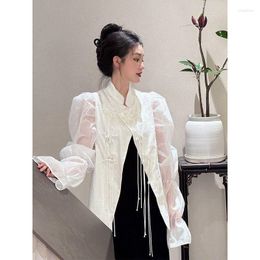 Women's Blouses 2023 Spring Chinese Style Women's Retro Tassle Stand Collar Button Top White Long Bubble Sleeve Shirt For Women