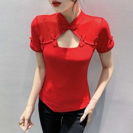 T-Shirt Summer Cotton Short Sleeve Retro Chinese Style Slim Fit Top Women's Stretchable Solid Colour T-shirt P230602