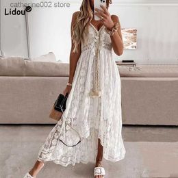 Party Dresses Summer Women Clothing Slip Dress V-Neck Lace Lacework Patchwork Hollow Out Broken Flower Printing Sleeveless White Long Dresses T230602