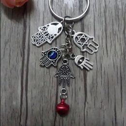 50Pcs Fashion DIY Keychain 25mm Key Ring Turkey Blue Evil Eye&Kabbalah Fatima Hamsa Hand Bell Charms Keyring Decorative Bag Gift3069