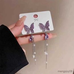 Stud Fashion Exquisite Purple Butterfly Long Tassel Earrings for Women Light Luxury Versatile Style Earring Gift