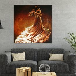 Textured Canvas Art Figurative Oil Painting Flamenco Dancers Gold Hand Painted Modern Elegance Artwork Unique Decor for Entryway