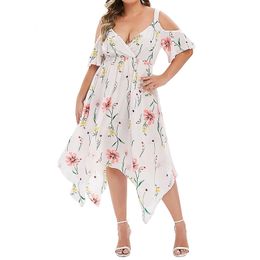 Basic Casual Dresses Plus Size Women Cold Shoulder Floral Maxi Bohemian ALine Strap Sleeves Robe Wrap V Neck Elastic Waist Colhing Summer 230601