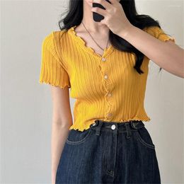 Women's Knits PLAMTEE Slim-Fit Sweet Sweater Tees Women Summer Ruffles 2023 Chic Casual Short Sleeve Knitted Cardigans Gentle V-Neck Coats