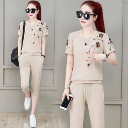 Women's Tracksuits 2023 Spring And Summer Two Piece Set Short Sleeved Embroidery 2piece Fashion Running Women Clothes Blue Apricot