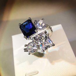 Band Rings 925 Silver Luxury High Carbon Diamond Ice Flower Cut Proposal Ring Female Square Dark Blue Zircon Party Birthday Jewellery Gift J230602