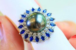 Cluster Rings Gorgeous 10-11mm Tahitian Round Black Green Pearl Ring 925s