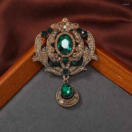 Brooches Female Fashion Vintage Crystal Flower For Women Luxury Silver Color Green Stone Alloy Plant Brooch Safety Pins
