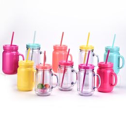 20oz Double layer plastic straw Tumblers Solid color plastics Mason cup with handle Creative High Capacity Water Cups T9I002328