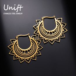 Unift Filigree India Lotus Mandala Hoop Earrings for Women Stainless Steel Earrings Bohemian Vintage Ethnic Jewellery Party Gift