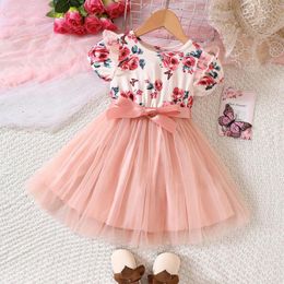 Girl Dresses Girls Summer Lace Sleeves Rose Print Mesh Dress Neck Waist Short Sleeve Baby Baptism Kids Fall Clothes