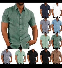 Men's Casual Shirts 2023 Summer Lapel Solid Colour Short Sleeve Button Down Men's Linen Shirt Mens Large Size 4xl