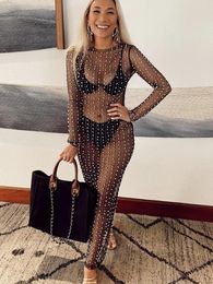Casual Dresses Beach Sexy Nail Bead Mesh Gauze Maxi Dress For Women Fashion See Though Long Sleeve Summer Female Vacation Cover Up