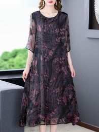 Dresses Summer Purple Floral Silk Loose Waist Midi Dress Women Korean Vintage Casual Party Vestidos 2023 Elegant Evening Dresses