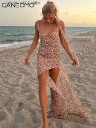 Party Dresses Sexy Straps Backless Bandage Floral Print Slit Mesh Maxi Dress Women Holiday Beach Night Party Vacation Long Dresses 2023 Summer T230602