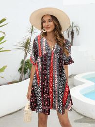 Casual Dresses Finjani Women's Dress Allover Geo Print Smock V Neck Batwing Sleeve Ruffle Hem Summer 2023