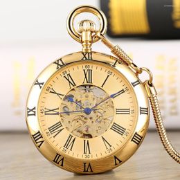 Pocket Watches Elegant Blue Pointers Open Face Automatic Mechanical Watch Men Roman Numerals Pendant Antique Self-Winding Clock Luxury