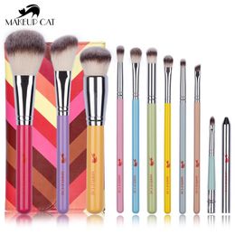 Brushes Makeup Cat Cosmetic BrushColourful Handle Set10Pcs Synthetic Hair BrushesPortable Makeup BagSoft Hair Make up toolsbeginer