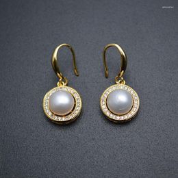 Dangle Earrings Natural White Freshwater Pearl Round Paved Crystal Beads Frame Fashion Girl Jewelry Korean Earings