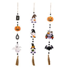 Halloween Wooden Bead Tassels Ornaments with Pumpkin Bat Ghost Gnome Wall Hanging Garland Tiered Tray Decor KDJK2306