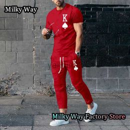 Men's T-Shirts Summer Men Solid Color T-Shirt Trousers Set Fashion K Print Tracksuit 2 Pieces Casual Clothing Male New Oversized Streetwear J230602