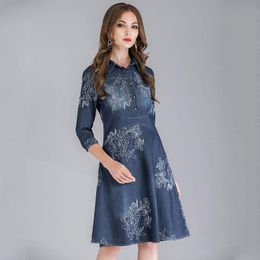 Jeans Spring Autumn Embroidery Floral Vintage Denim Dress Women 5xl Slim Jeans Casual Dress Female Elegant Party Ladies Dresses