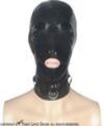 Schwarze sexy Latexhaube mit D-Ring-Reißverschluss hinten, offener Mund, Nase, Augen, Gummimaske in Übergröße 00399123888