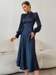 Casual Dresses Elegant Evening Navy Hollow Out Woman Satin Midi Party Dress Spring Lantern Sleeves Sliky Keyhole