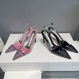 Dress Shoes 2023 Summer Transparent PVC Rhinestone Pointed Toe Stiletto High-Heeled With Slingback Sandals For Women