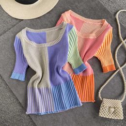 T-Shirt Summer Knitted Short Sleeve Crop Top Girls' Stetchy Play Above Navel Tees Women's T-shirt P230602