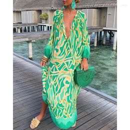 Casual Dresses Elegant Women Maxi Summer 2023 Sexy Deep V-Neck Long Sleeve Boho Print Beach Cover Up Robe Holiday