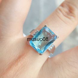 Band Rings Luxury Created Aquamarine Gemstone Rings for Women Solid 925 Sterling Silver Wedding Engagement Fine Jewellery Part Gift New J230602