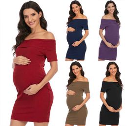 Maternity Dresses Summer Off Shoulder Pregnant Women's Dress Mom's Dress Ruffled Sexy Solid Knee Length Pregnant Women's Dress G220602