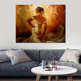Contemporary Figurative Canvas Art Lady in Gold Hand Painted Spanish Dancing Oil Paintings Perfect for Cultural Centres