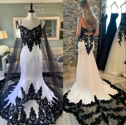 Vintage White Black Mermaid Wedding Dresses Spaghetti Backless Lace Applique Bohemian Beach Garden Bridal Gown Robe De Mariee