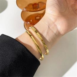 Bangle Trendy 18K Real Gold Colour Plated Titanium Steel Glossy Plaid Bangles For Women Bracelets & Fashion Jewellery Gifts