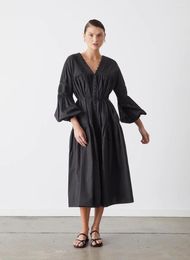 Casual Dresses Women Solid Colour Embroidery Hollo Out V-Neck Lace Up Waist Single Breasted Flare Sleeve Simple Midi Dress