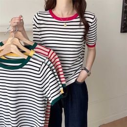 T-Shirt Summer Girls' O-Neck Knitted Top Contrast Collar Retro Stripe T-shirt Women's Short Sleeve Dress P230602