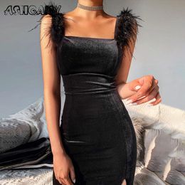 Dress Ashgaily 2023 New Sexy Veet Dress Women Sleeveless Dress Solid Feathers Bodycon Clothes Party Club Outfits Femme