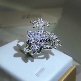 Band Rings 925 Silver High Quality Pear Shape Branch Flower Zircon Ring Women's Fashion Flower Diamond Big Ring Party Birthday Gift J230602