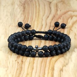 Strand Charm Natural Stone Cross Bracelet Set Faith Black Lava Beads Bracelets Handmade Braided Men Women Prayer Fitness Couple Jewelry