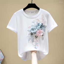 Women's T Shirts 2023 3D Flower Embroidery Shirt Women Summer O-Neck Casual Print Tops Cotton Short Sleeve Funny Tshirt Female Harajuku