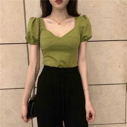 T-Shirt Vintage Puff Short Sleeve V-Neck Ultra Thin Girls Solid Elastic Summer T-shirt Women's Crop Top P230602