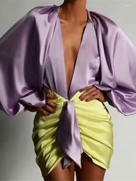 Casual Dresses 2023 Sexy Deep V-neck Satin Two Piece Set Women Long Sleeve Top Short Skirt Sets Matching Partywear Winter