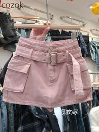 Gonne Fashion A Line Cargo Pocket Design Gonna di jeans Donna Guaina antiesposizione Vita alta Dimagrante Streetwear Rosa 230601