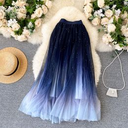 Dresses 2022 Summer Tulle Skirt Star Sequin Skirt High Waist Long Skirt Blue Evening Party Sexy Skirt Women Falda Sparkling Skirt