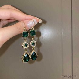 Stud Long Emerald Earrings for Women Water Drop Flower Crystal Retro Light Luxury Valentines Day Gift Mujer