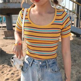 T-Shirt Girls' O-neck short sleeved elastic stripe T-shirt Women's contrasting color knitted ultra-thin top P230602