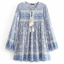 Casual Dresses Ladies Rayon Cotton Tie Neck Boho Dress Floral Porcelain Print Long Sleeve Beach Bohemian Mini